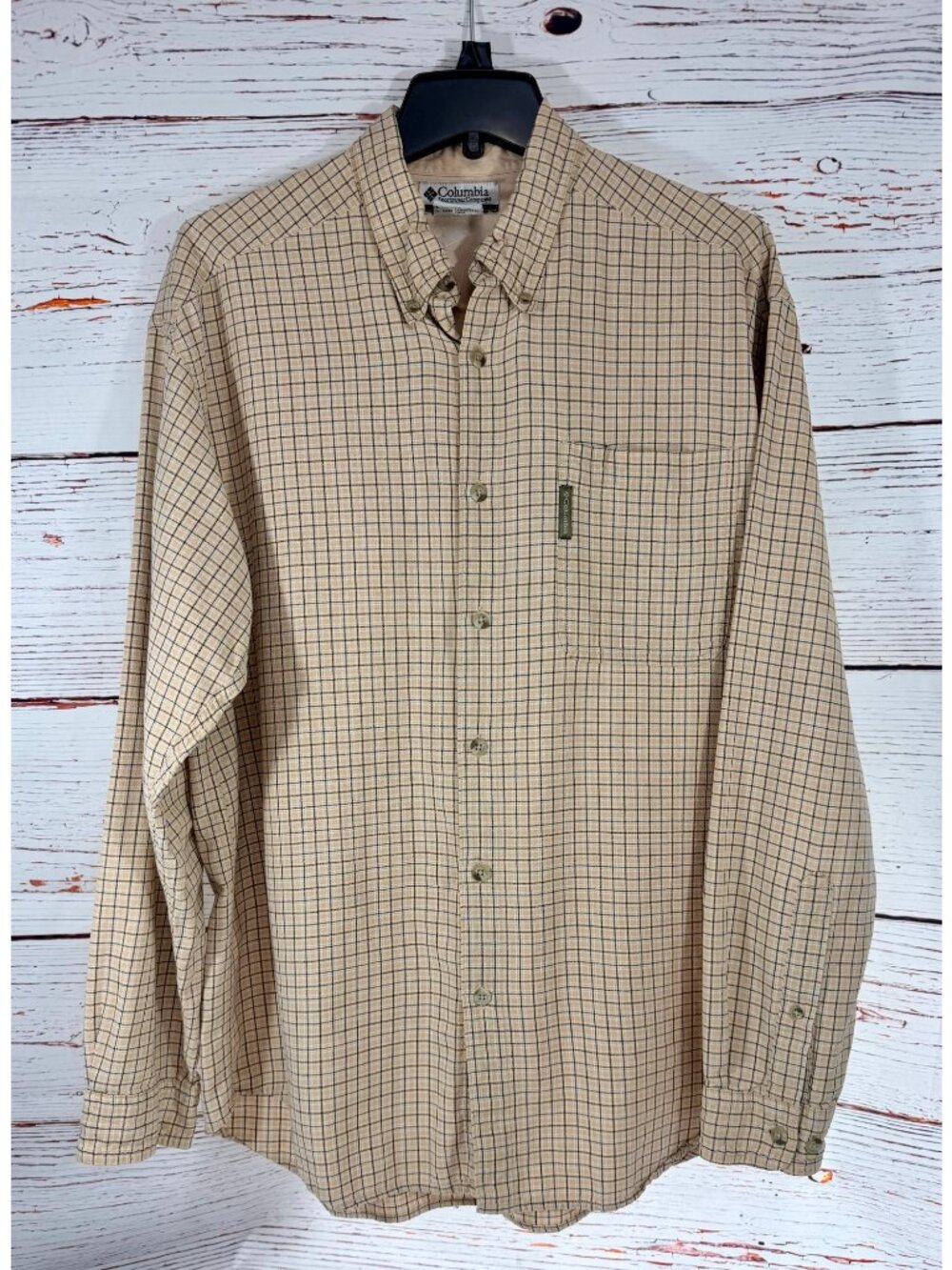 Columbia Mens Beige Neutral Checkered Long-Sleeve Button-Up Collared Shirt Size